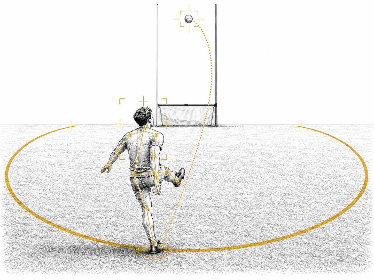 A footballer rises to catch a high ball above the arc; the trajectory line traces its path.