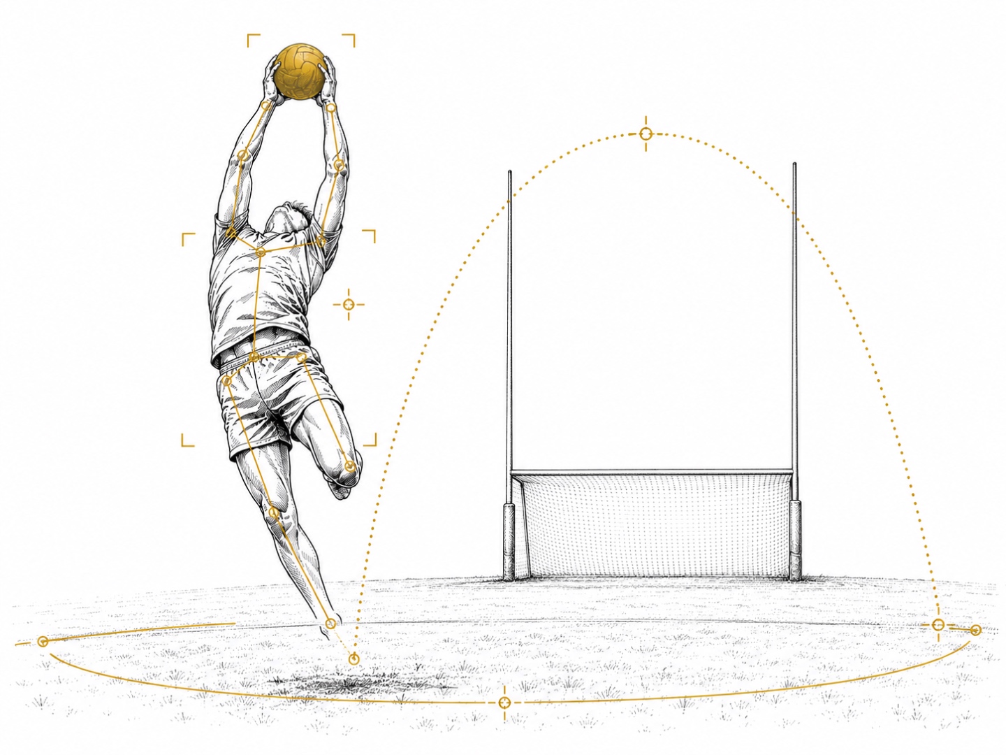 A footballer catches a clean mark over the goalposts; the arc of the kick is drawn from kick-point to catch.